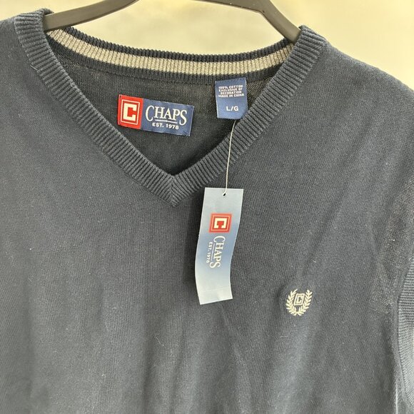 Chaps Mens L Sweater Vest Navy Blue Knit V Neck Pullover Cotton Classic Golf - Picture 2 of 6